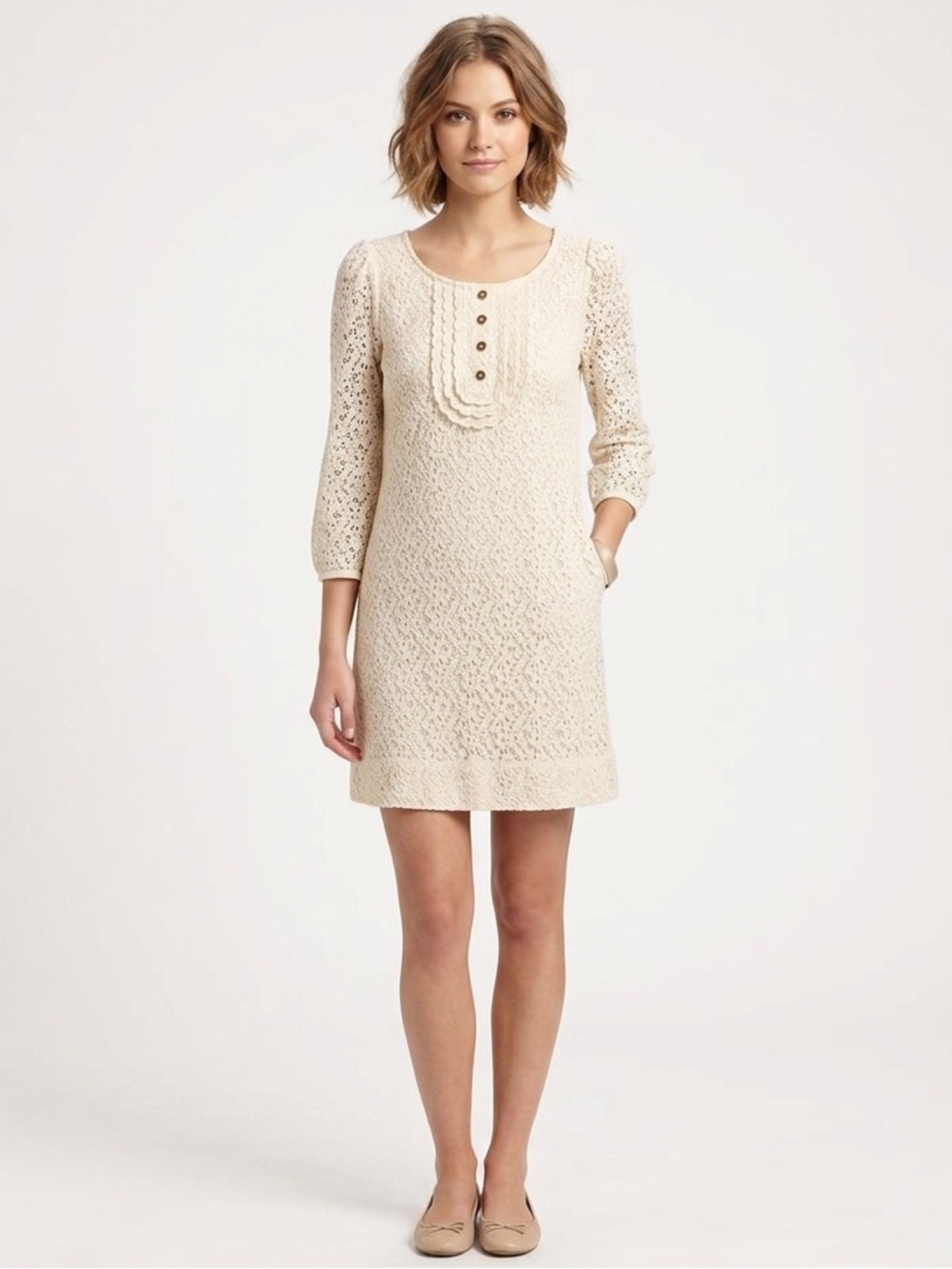 NWT Juicy Couture Ivory Crochet Lace 3/4 Sleeve Dress, Size Large (L)